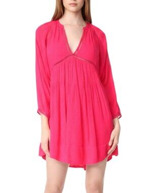 Free People Go Lightly V-Neck Swing Mini Dress Size S Hot Pink Boho Pleated NWT